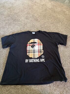 BAPE x Burberry Black Tshirt A Bathing Ape Big camo head SZ 2XL COTTON UNISEX